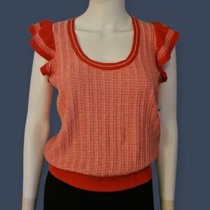 OLD NAVY Tomato Red and White Scoop Neck Ruffle Flutter Sleeve Knit Blouson Top